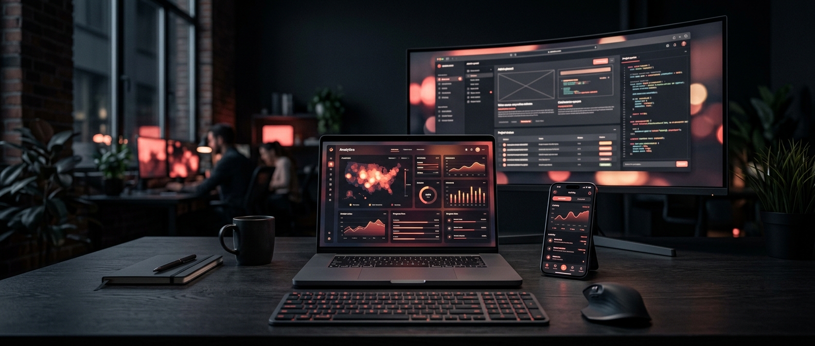 Custom software development portfolio illustration - SaaS platforms, AI automation solutions, and web application development projects by Bad Robot SA