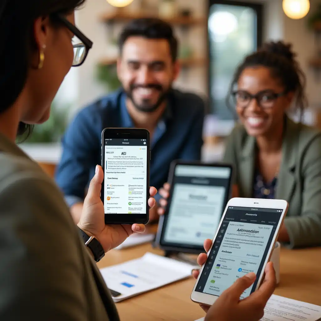 Business professional using stylus pen with tablet computer for AI implementation